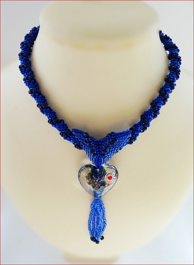 `Blue Heart` Beadwork & Lampwork Pendant Necklace (BW138)