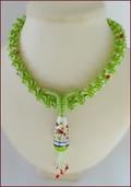 'Red Birds' Beadwork Pendant Necklace in Lime Green (BW137)