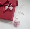 Murano Pink Swirl Heart Pendant and Earrings Set (SM115)